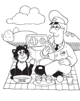 A coloring page of postman pat